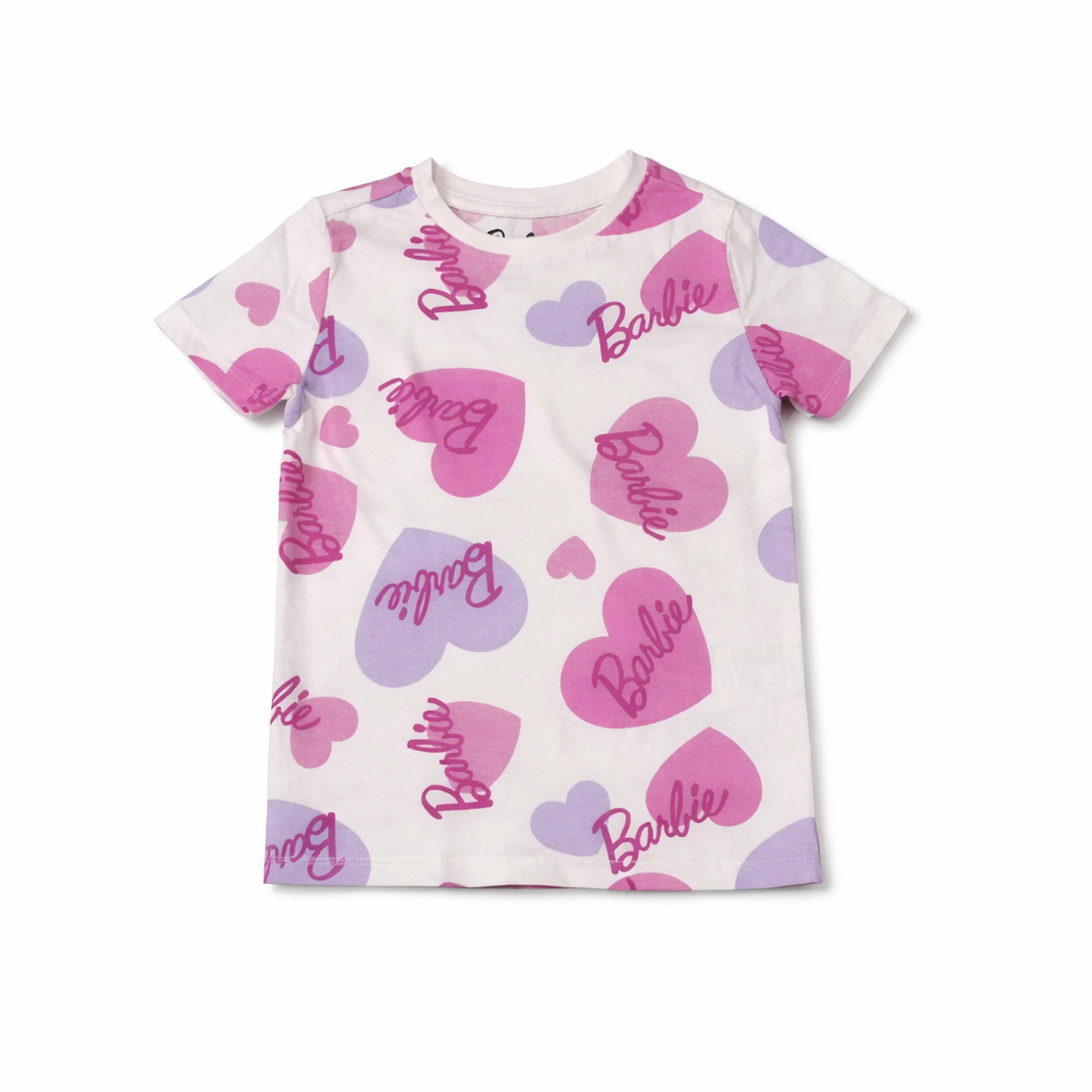 💖 Barbie Hearts Girls T-Shirt – Off White & Pink