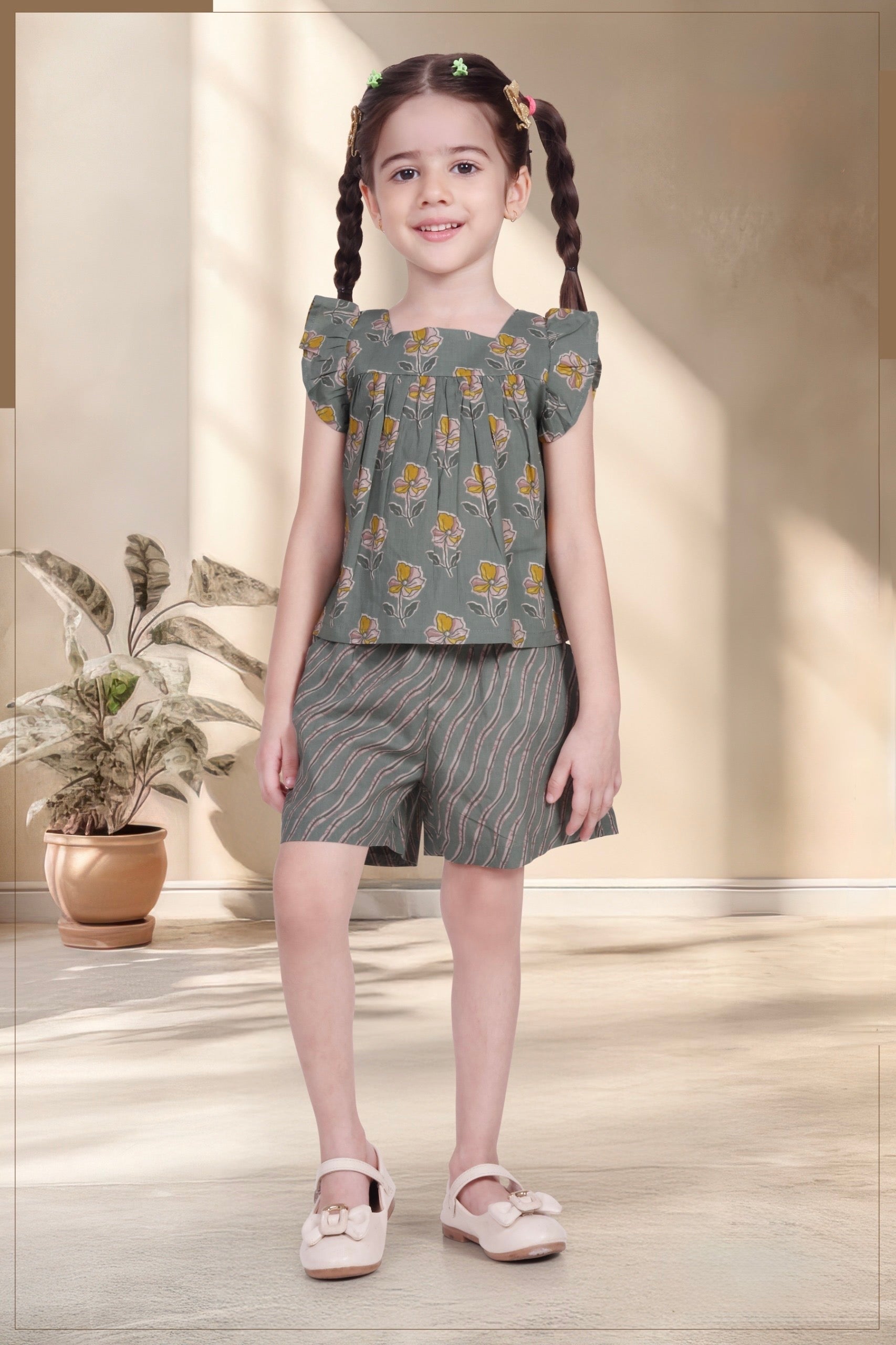 Girls Floral Top & Striped Shorts Co-ord Set – Sage Green
