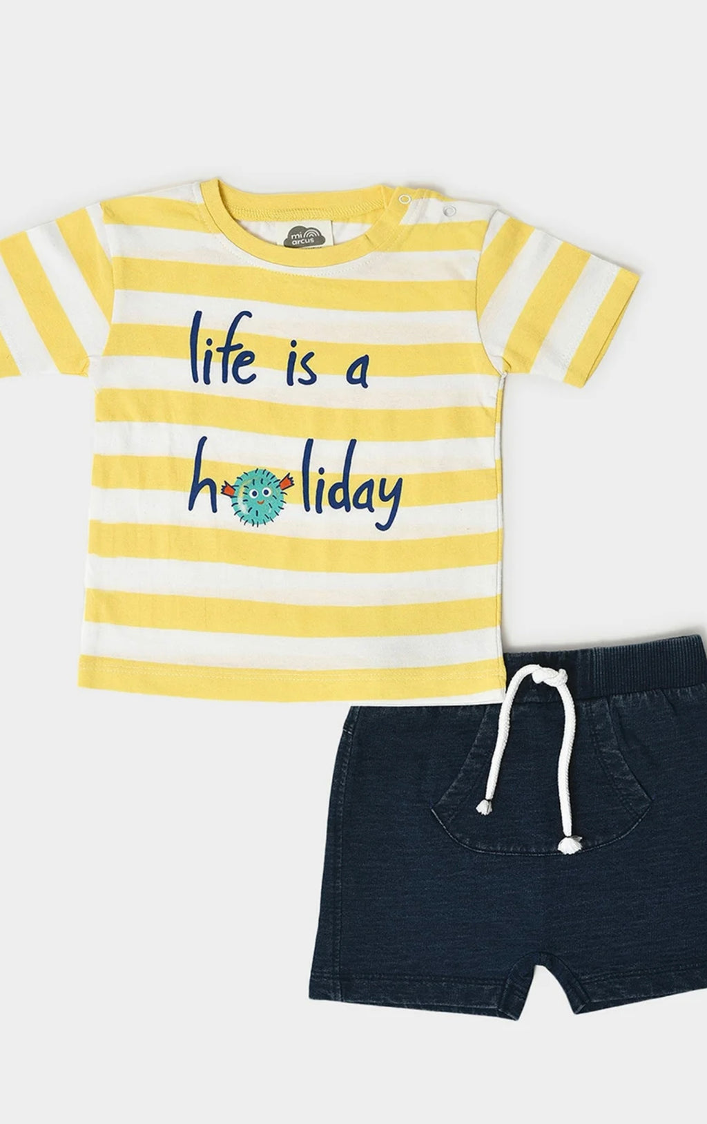 💛 “Life is a Holiday” Baby Boys T-Shirt & Shorts Co-ord Set – Yellow & Navy