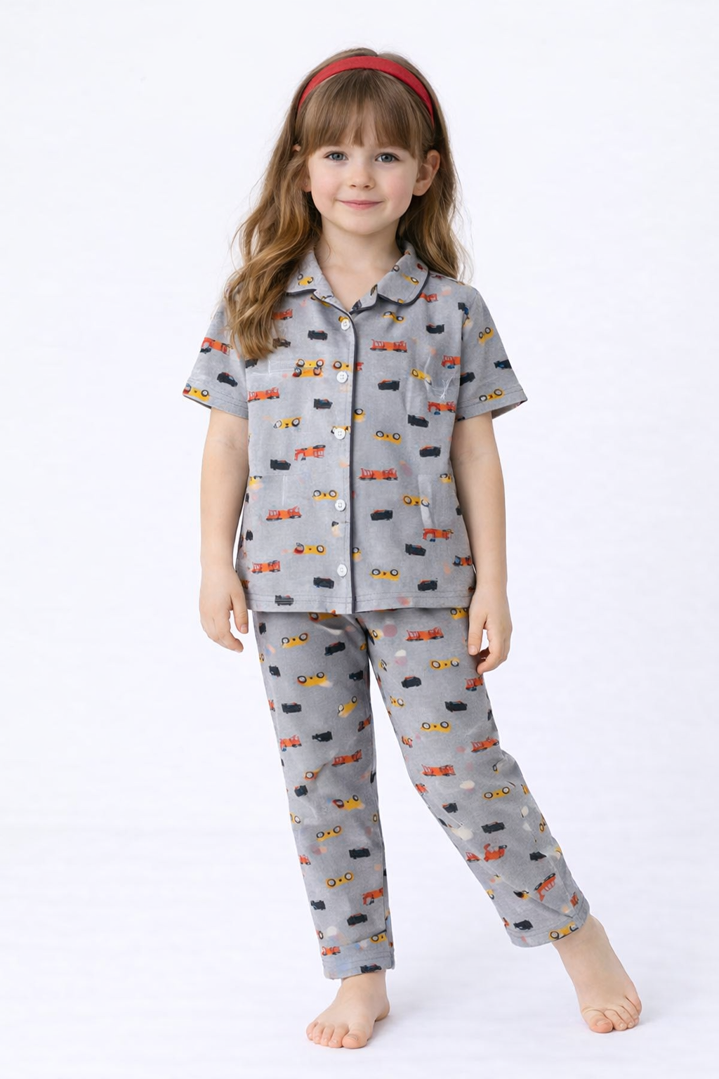 Unisex Kids Vehicle Printed Night Suit Set – Grey
