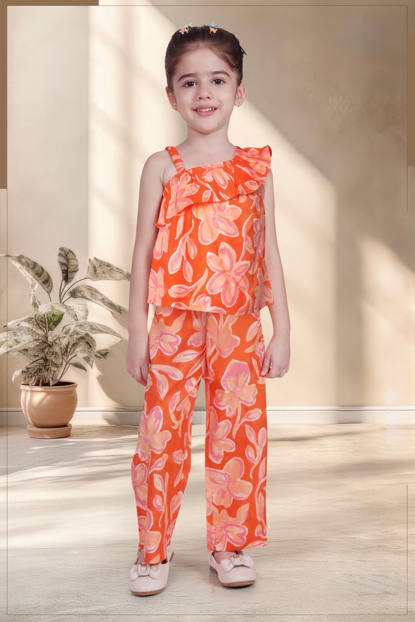 Girls Orange Floral One-Shoulder Co-ord Set – Top & Pants