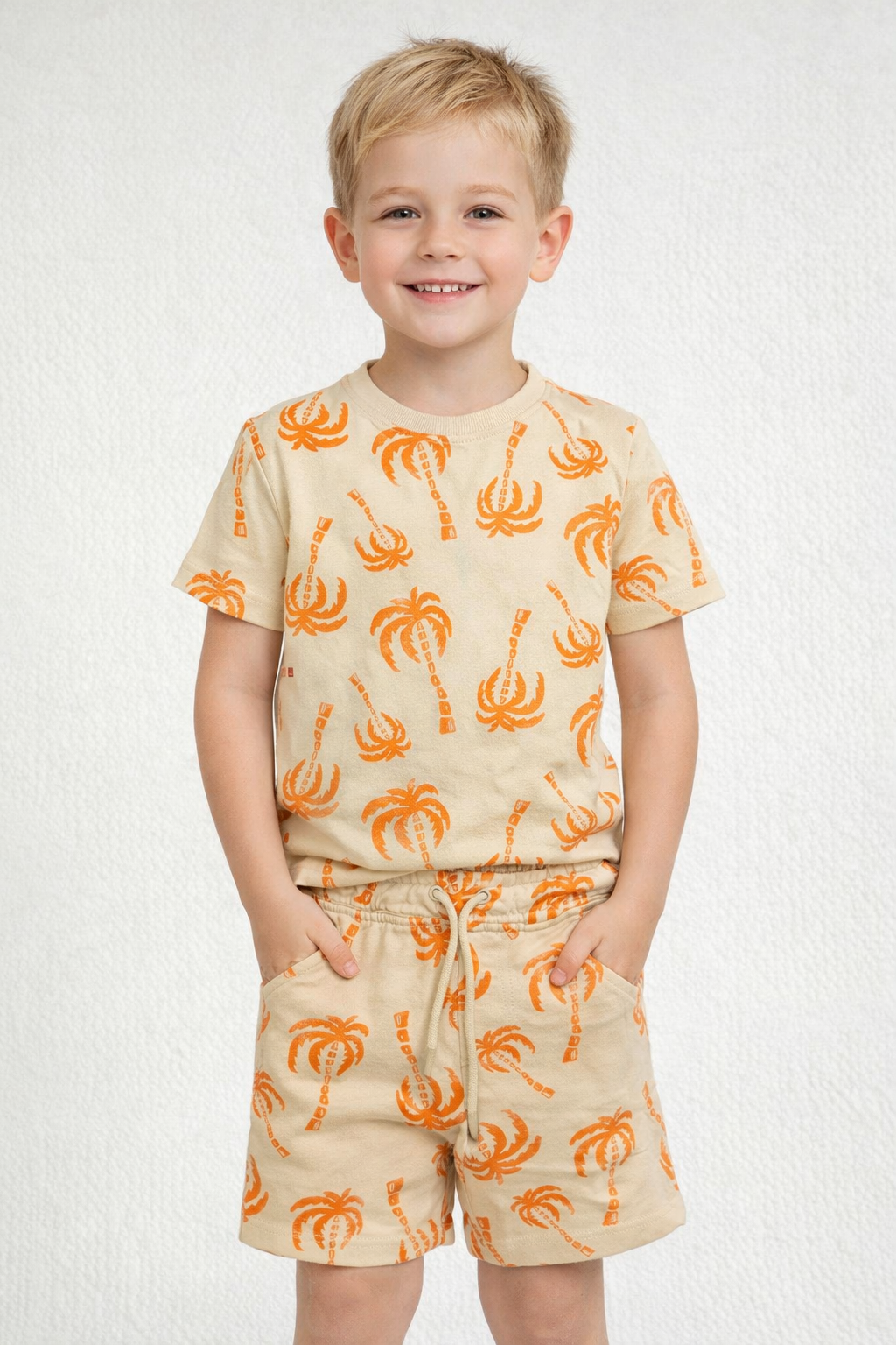 Boys Beige Palm Print Co-ord Set – T-Shirt & Shorts