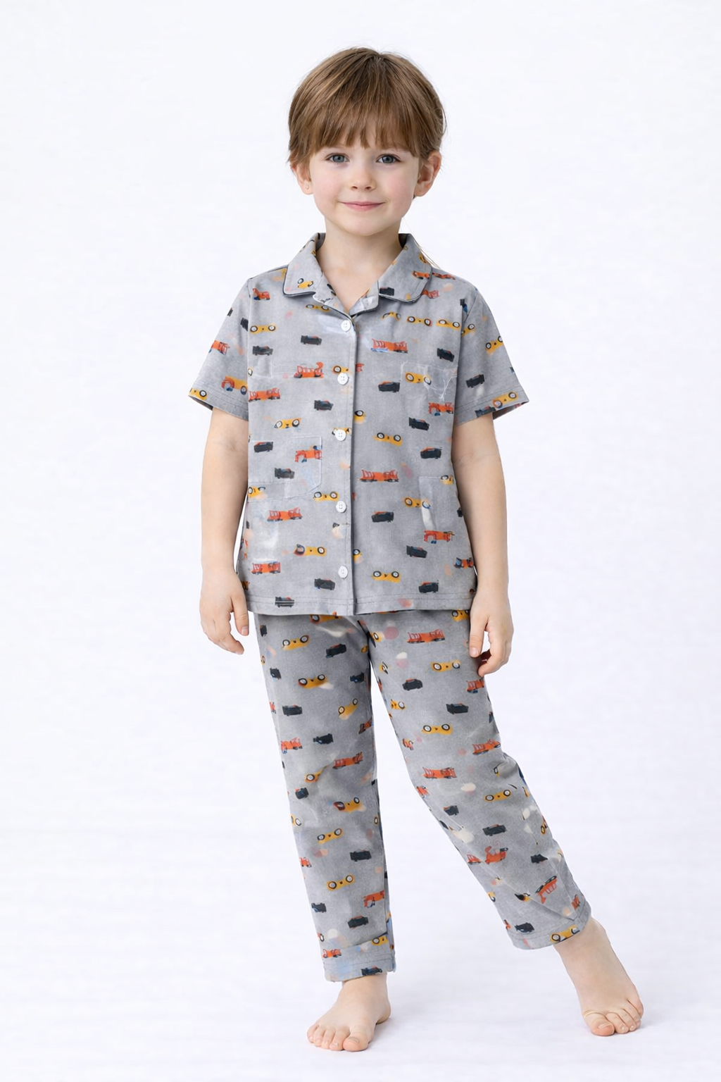 Unisex Kids Vehicle Printed Night Suit Set – Grey