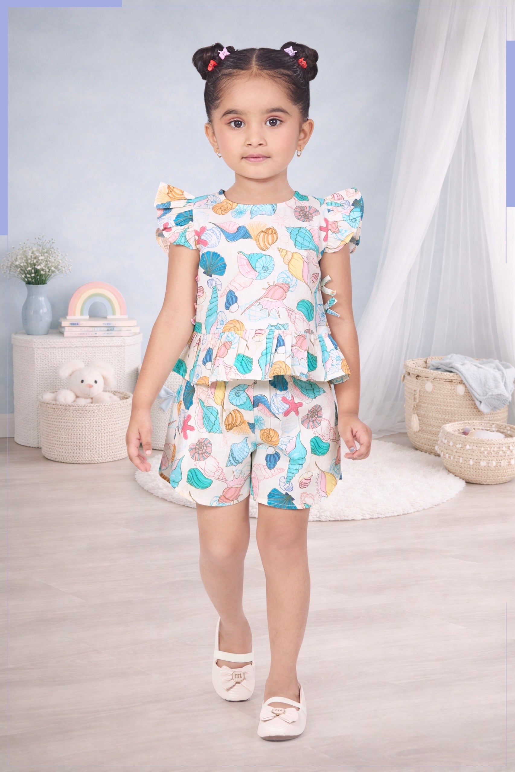Girls Pastel Shell Print Peplum Top & Shorts Co-ord Set