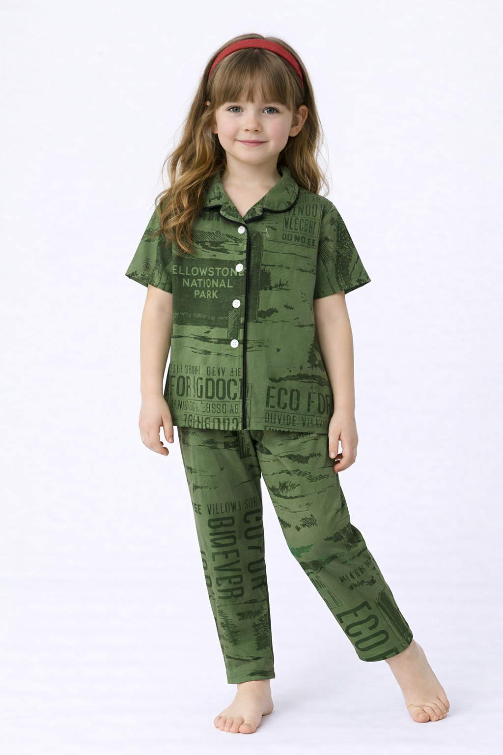 Unisex Kids Nature Printed Night Suit Set – Olive Green