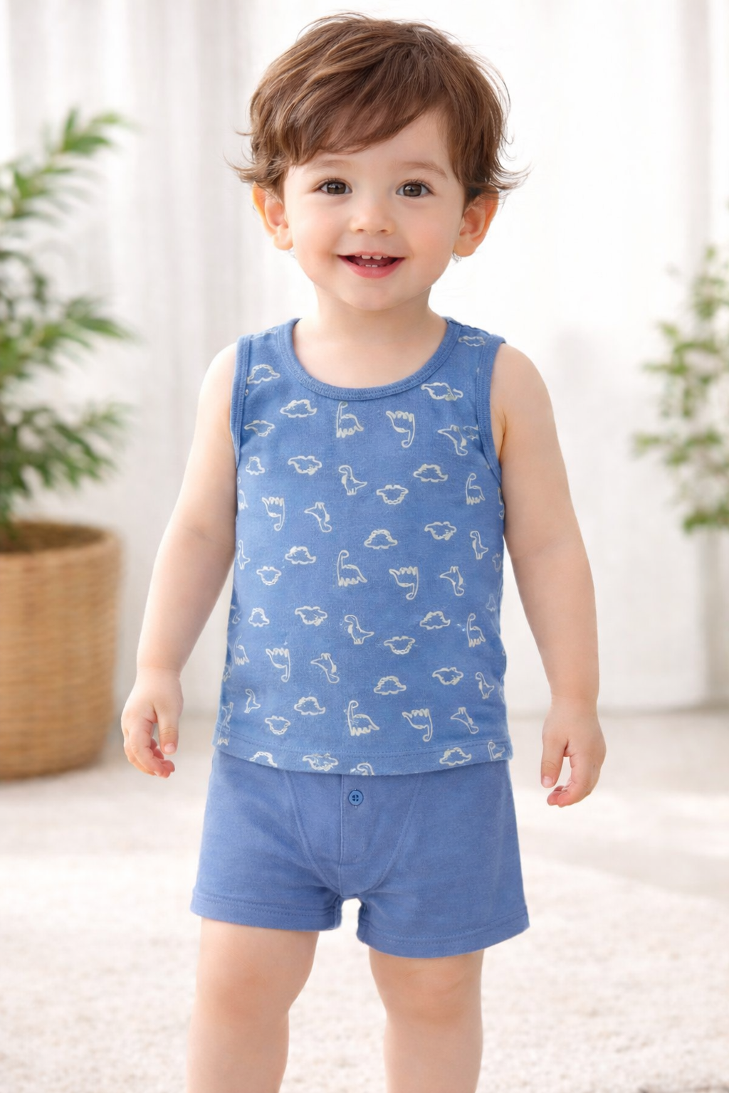 💙 Blue Dino Print Baby Boys Vest & Shorts Set