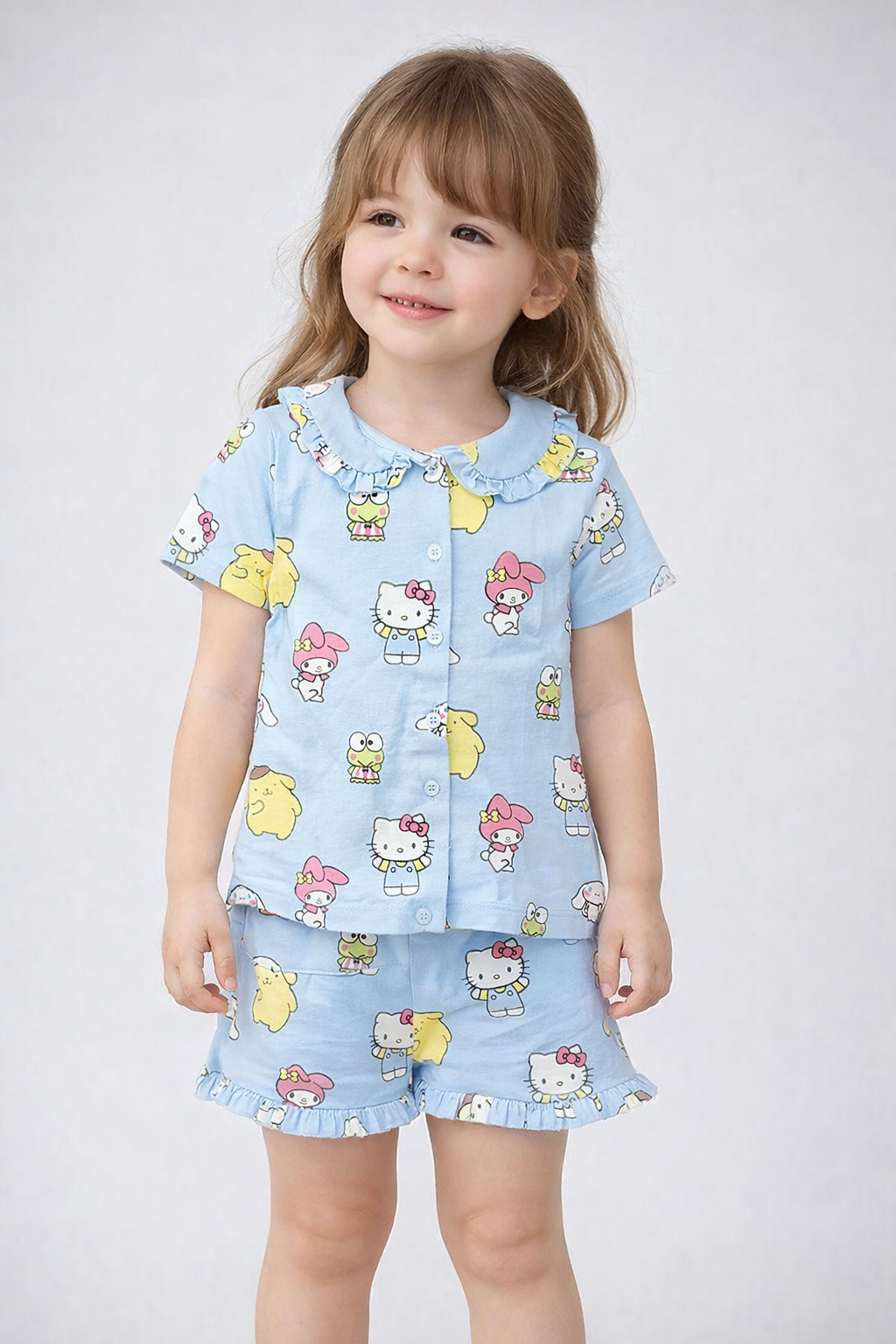 Hello Kitty Print Girls Nightwear Set with Frill Collar & Ruffle Shorts 🎀