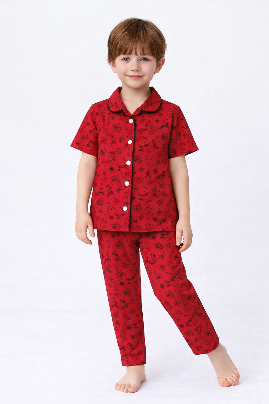 Unisex Kids Printed Night Suit Set – Red