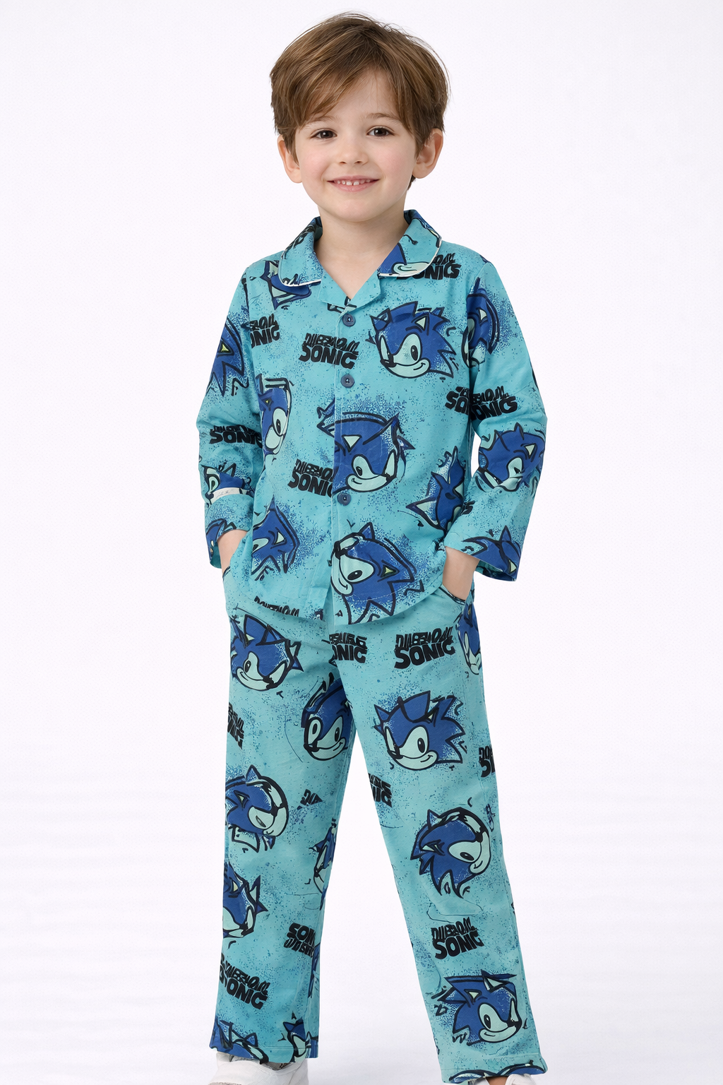 💙 Sonic Print Boys Night Suit Set – Aqua Blue
