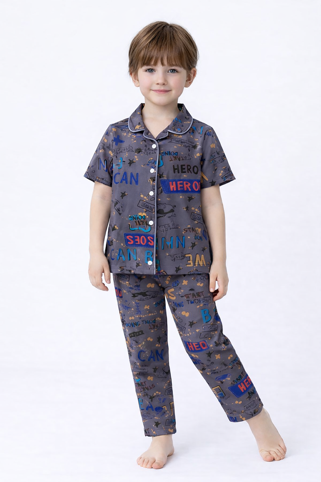Unisex Kids “Hero” Printed Night Suit Set – Grey