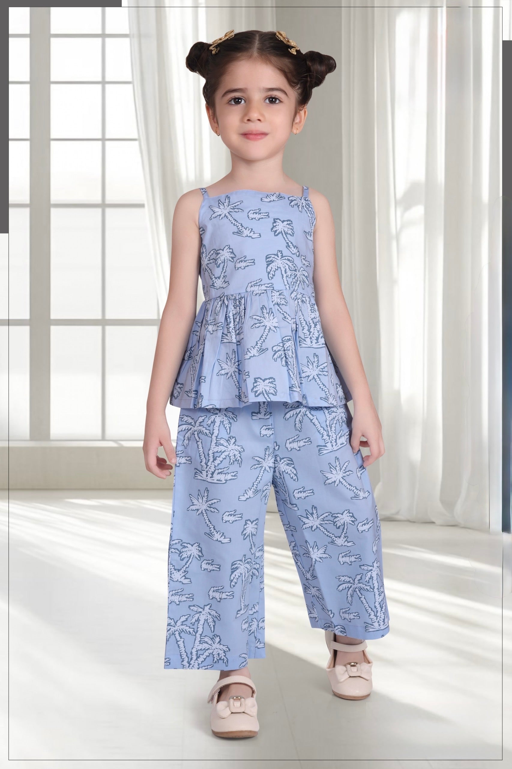 Girls Blue Palm Print Peplum Top & Pants Co-ord Set