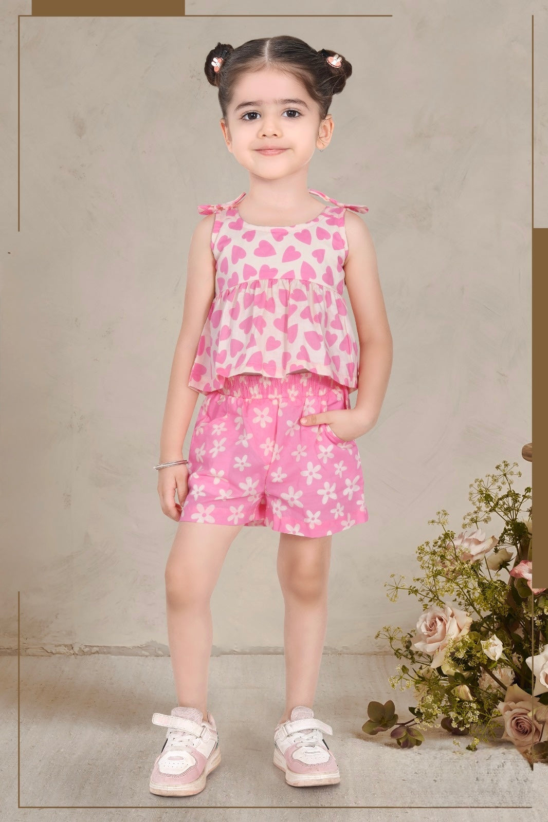 Girls Pink Heart Print Peplum Top & Floral Shorts Co-ord Set