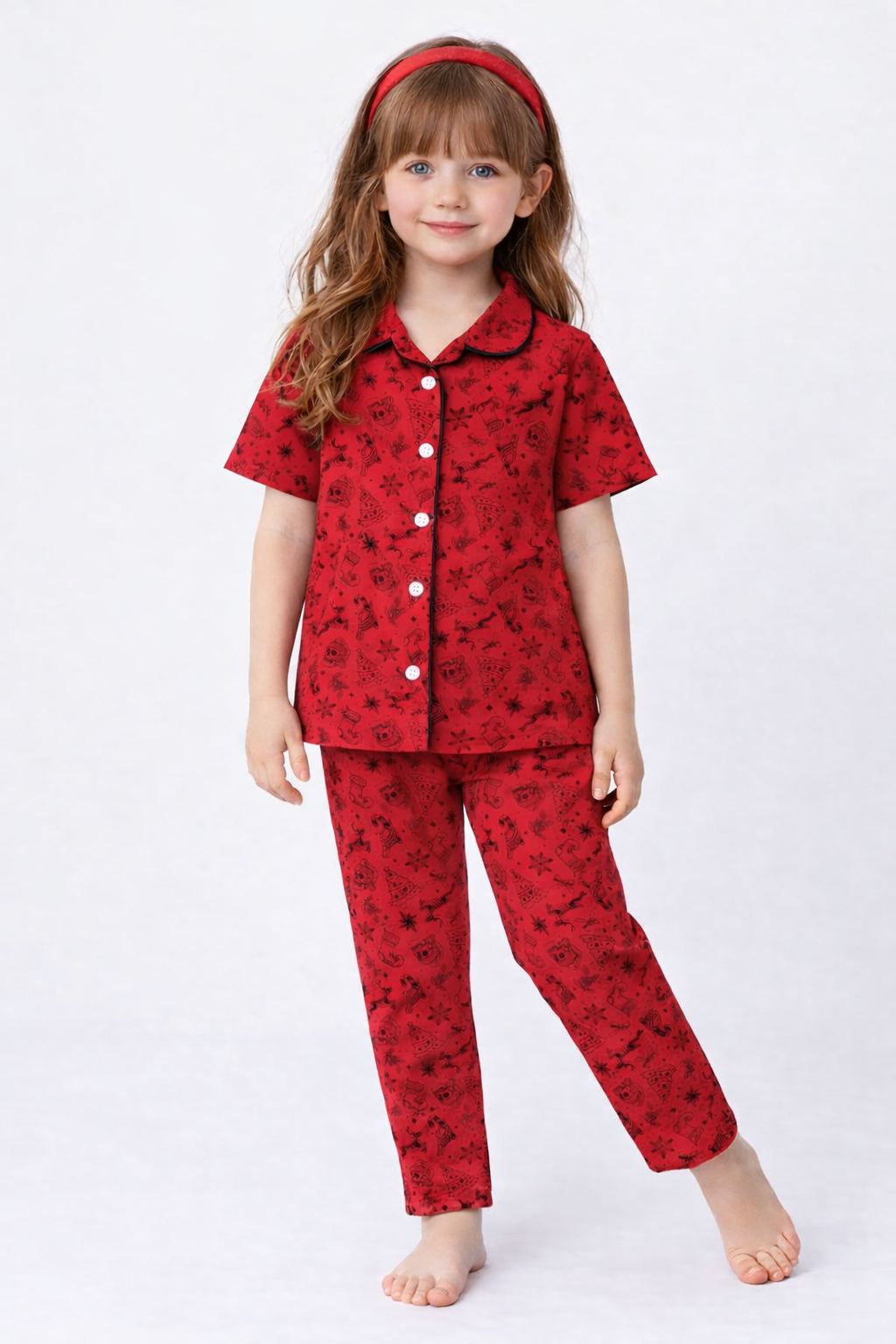 Unisex Kids Printed Night Suit Set – Red