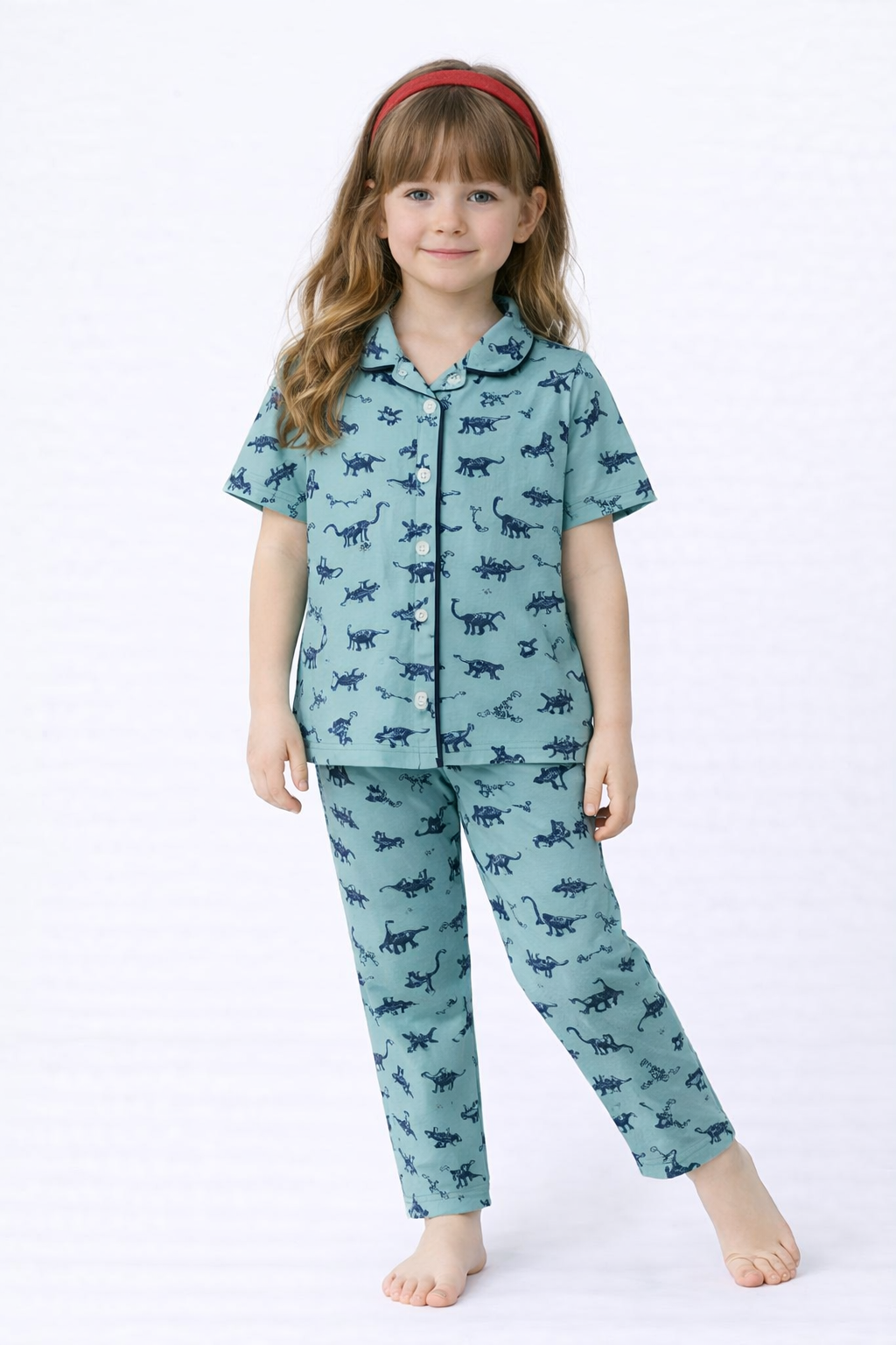 Unisex Kids Dinosaur Printed Night Suit Set – Mint Green