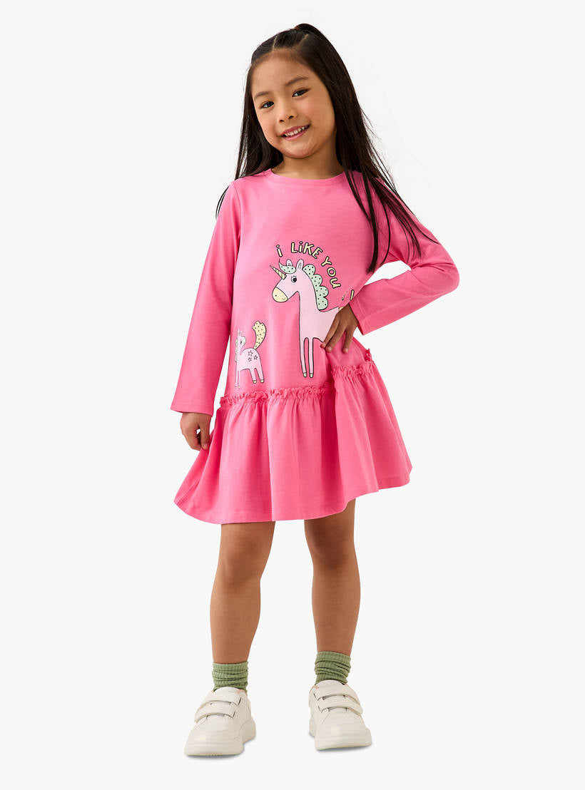 💖 Unicorn Print Girls Dress – Pink