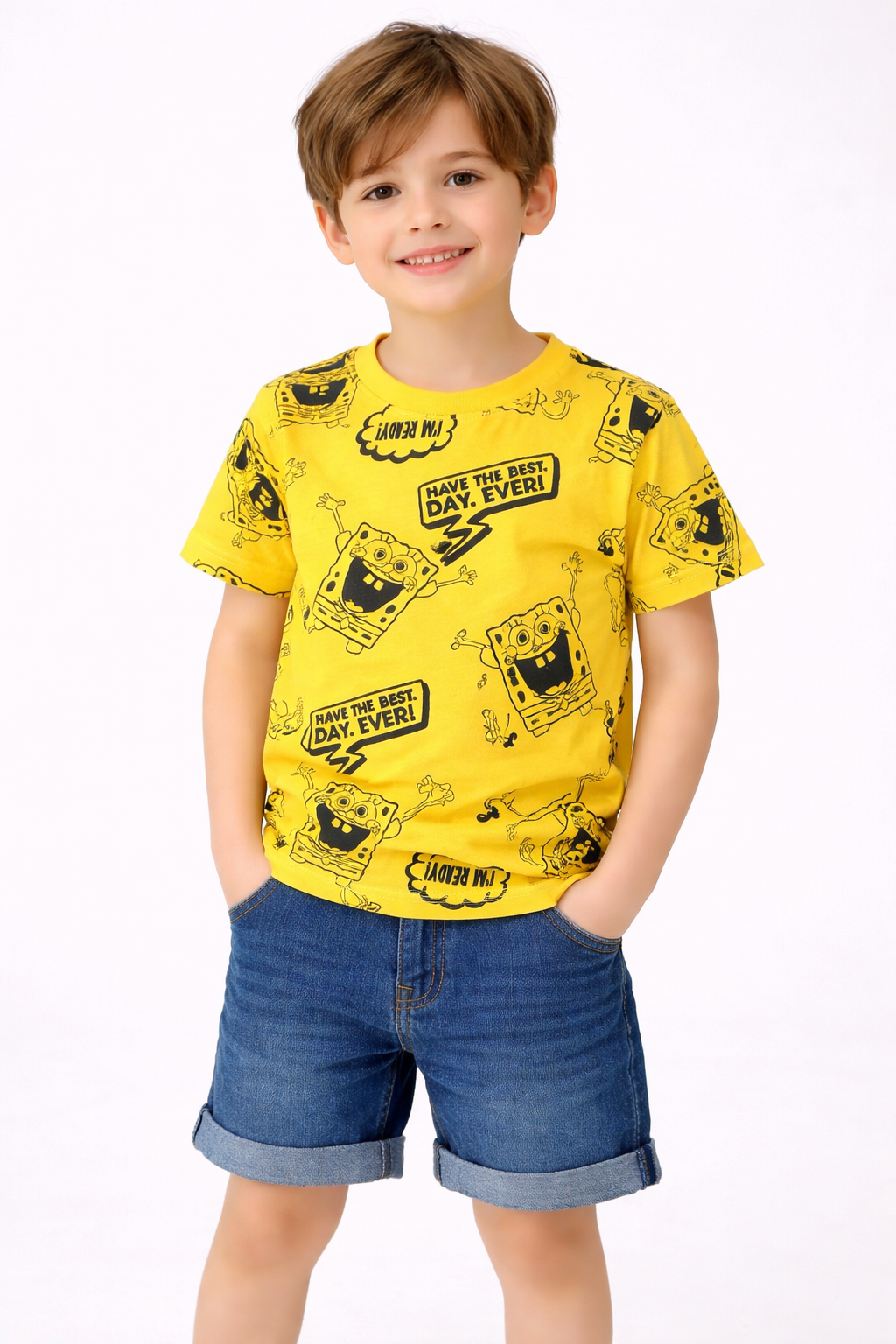 💛 Yellow Cartoon Print Boys T-Shirt