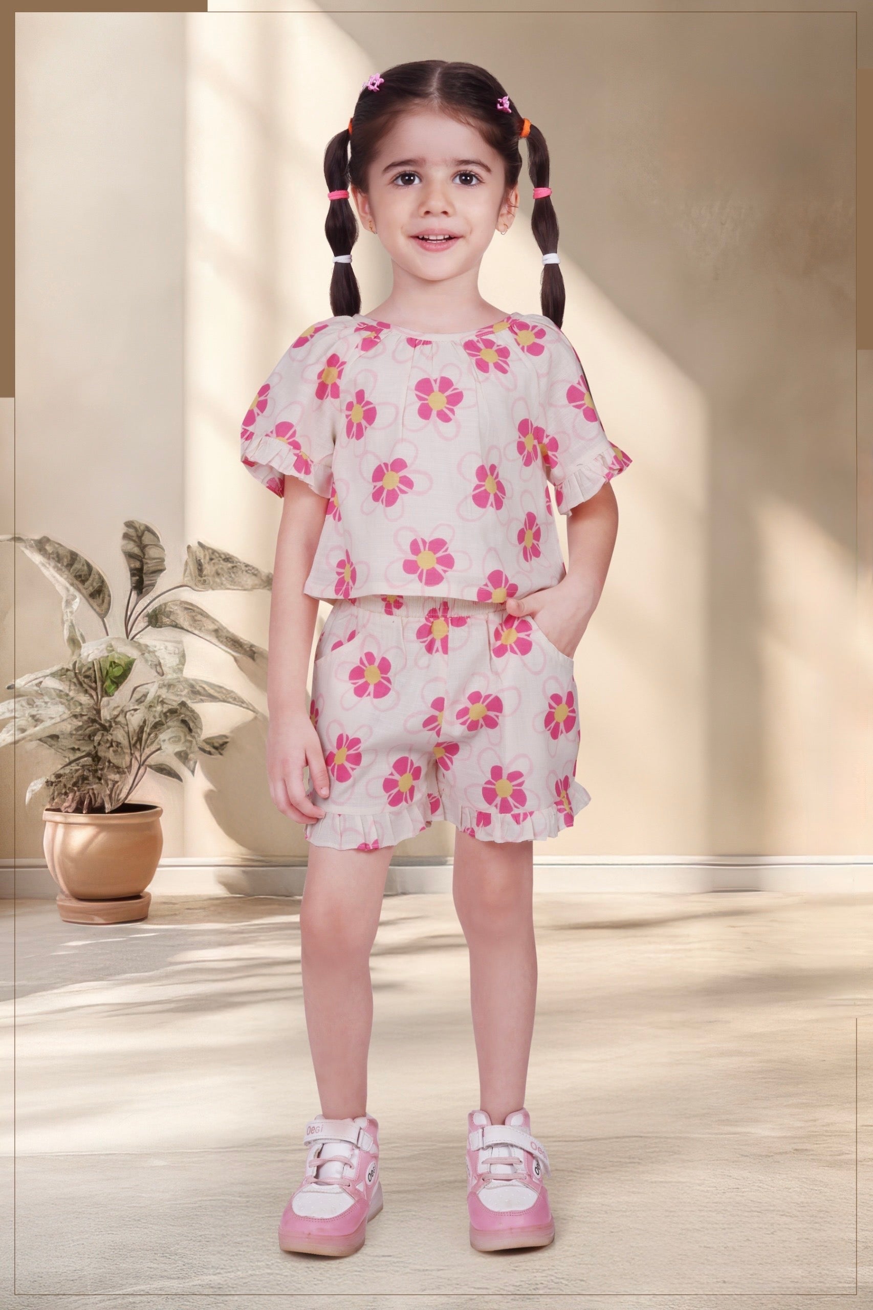 Girls Pink Floral Top & Shorts Co-ord Set