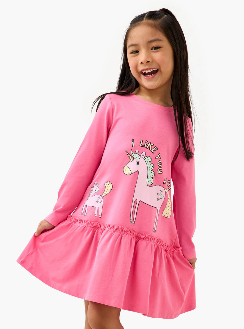 💖 Unicorn Print Girls Dress – Pink