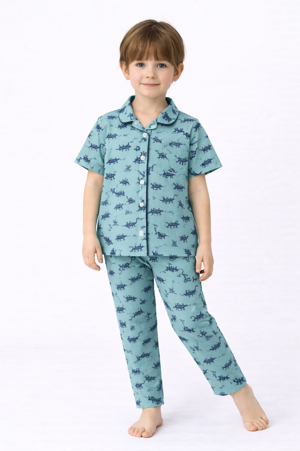 Unisex Kids Dinosaur Printed Night Suit Set – Mint Green