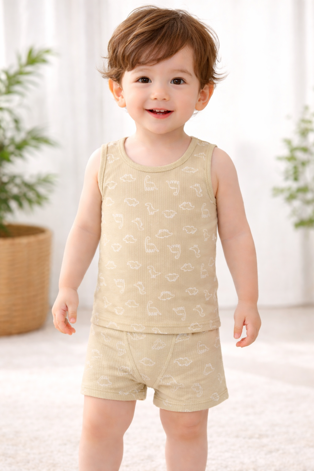 🤎 Beige Dino Print Baby Boys Vest & Shorts Set