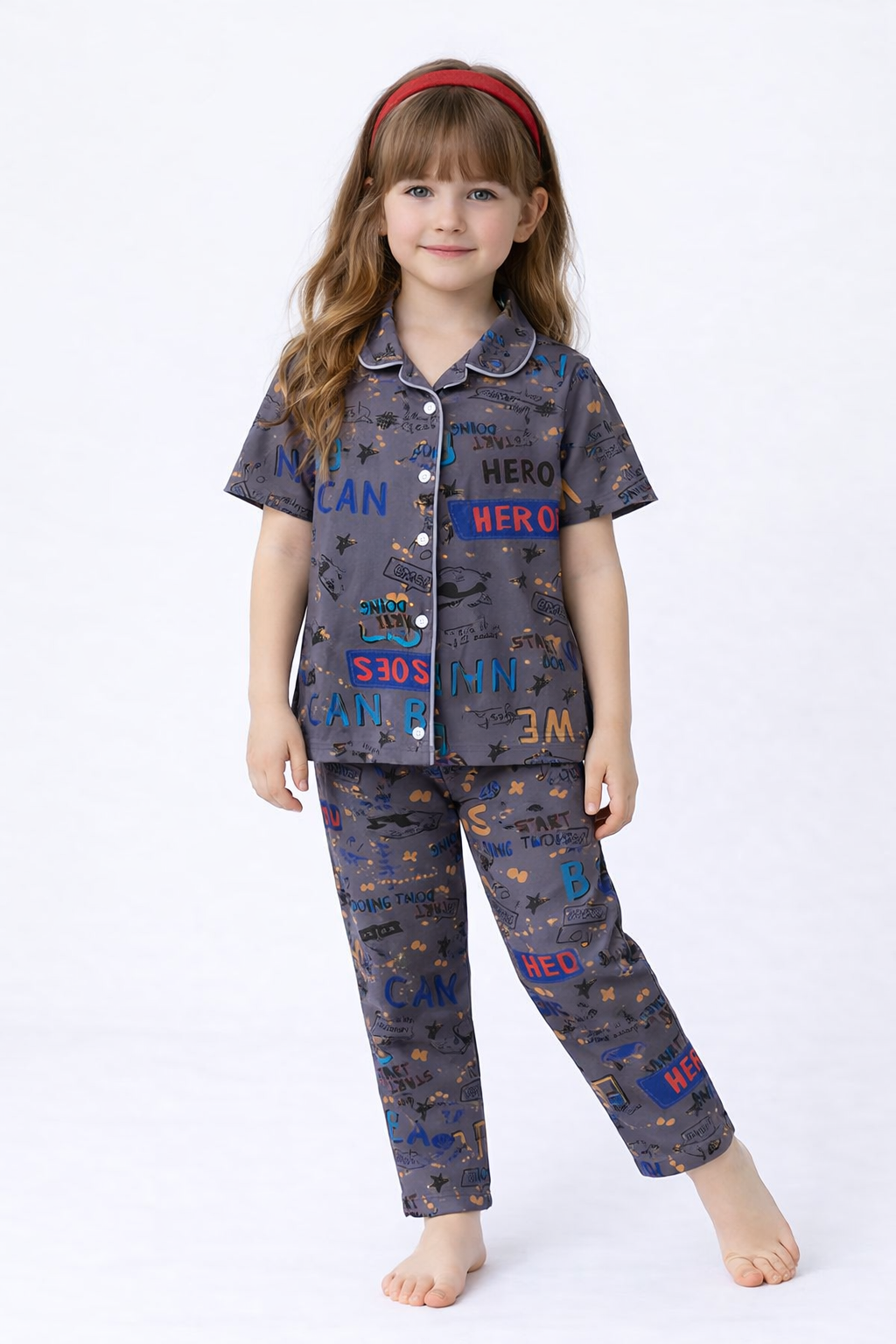Unisex Kids “Hero” Printed Night Suit Set – Grey