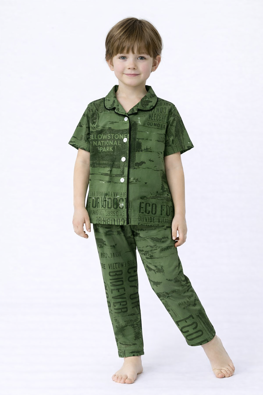 Unisex Kids Nature Printed Night Suit Set – Olive Green