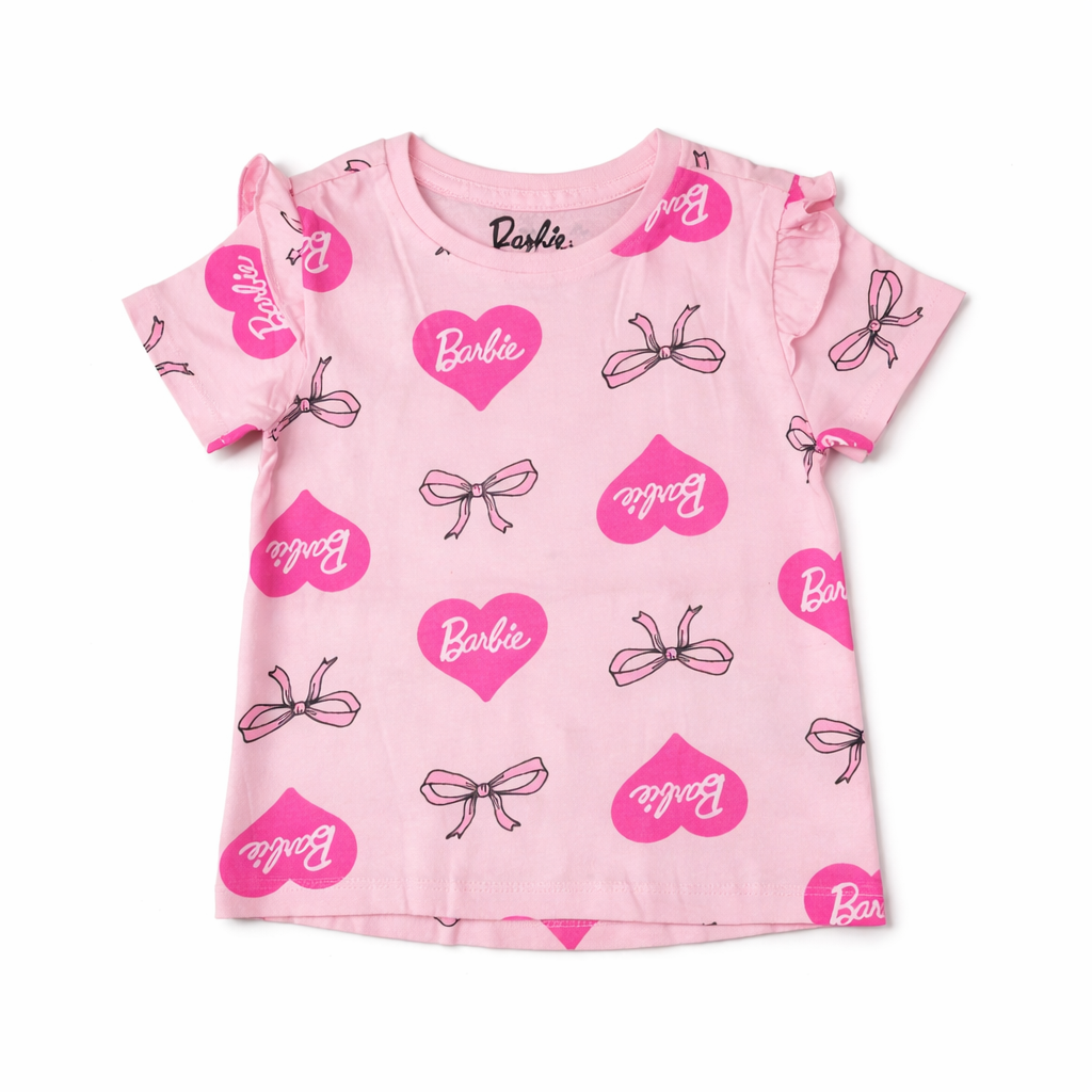 💗 Barbie Hearts & Bows Girls T-Shirt – Soft Pink