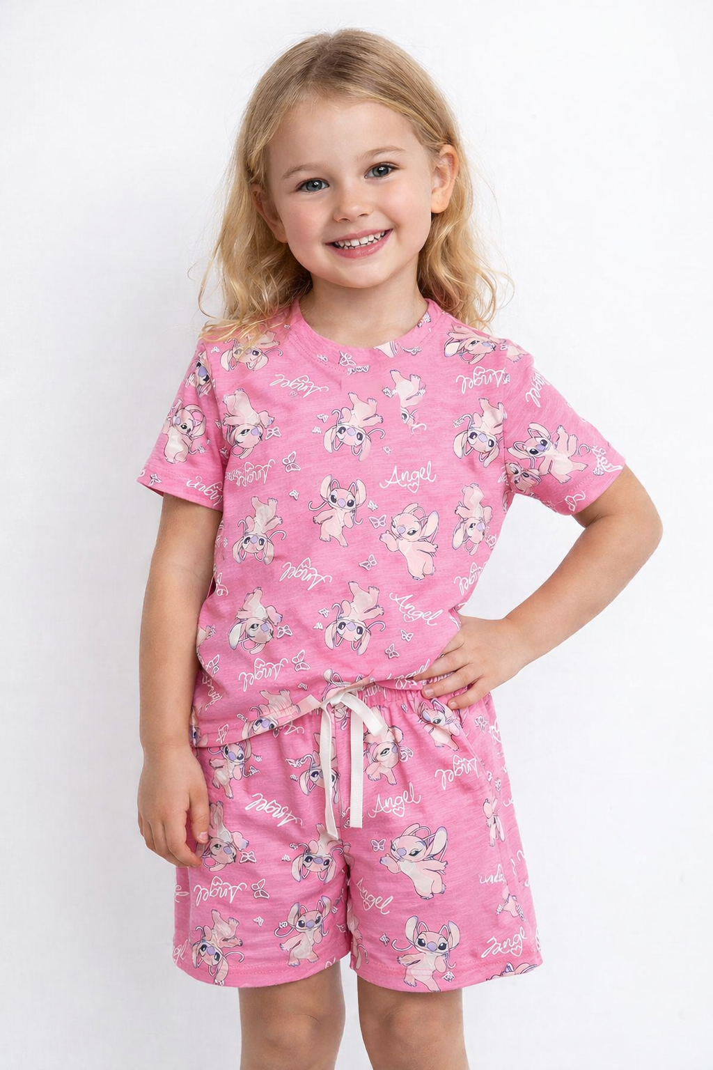 Girls Angel Printed Cotton Night Suit Set – Pink