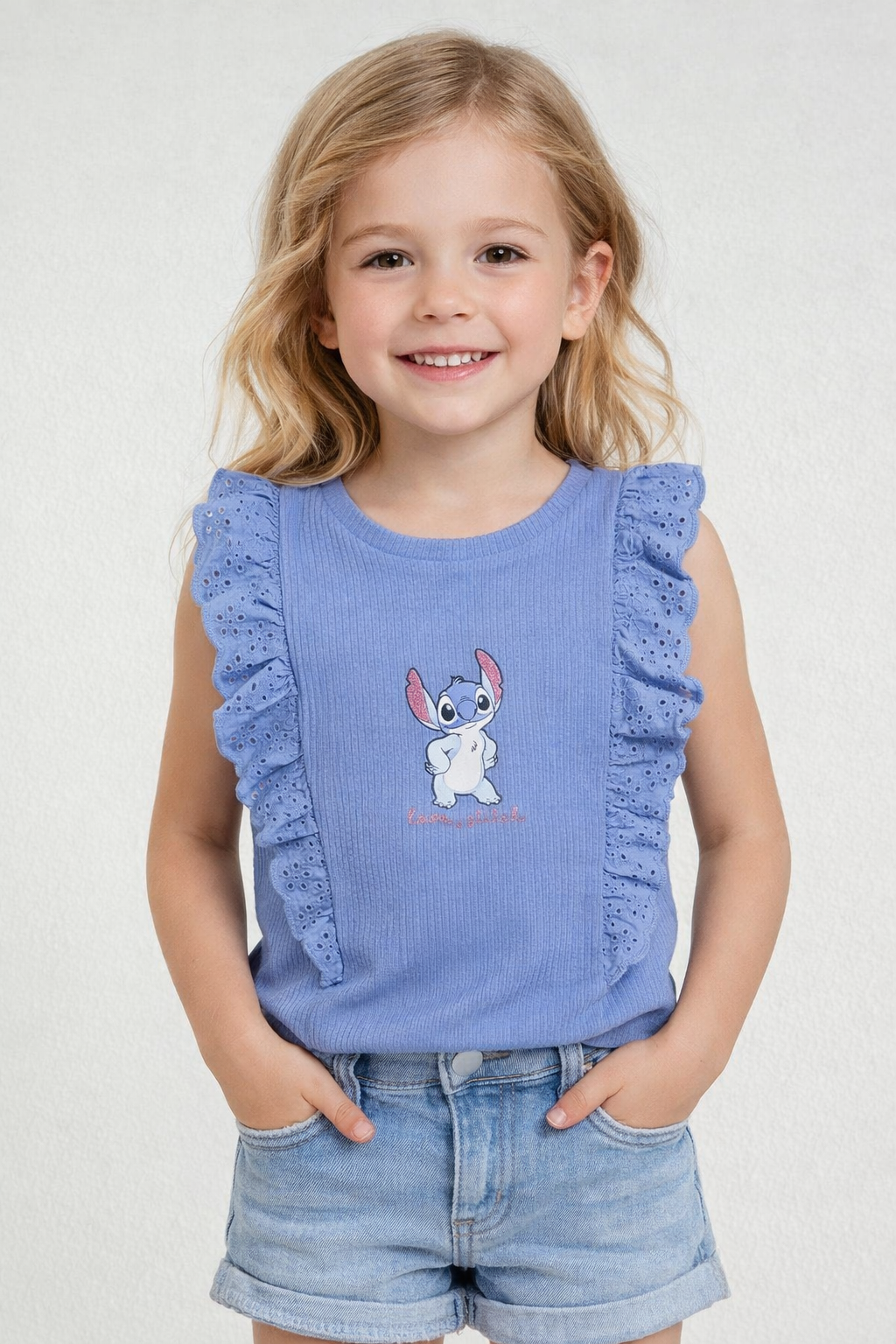 Girls Blue Ribbed Ruffle Top – Cute Cartoon Print
